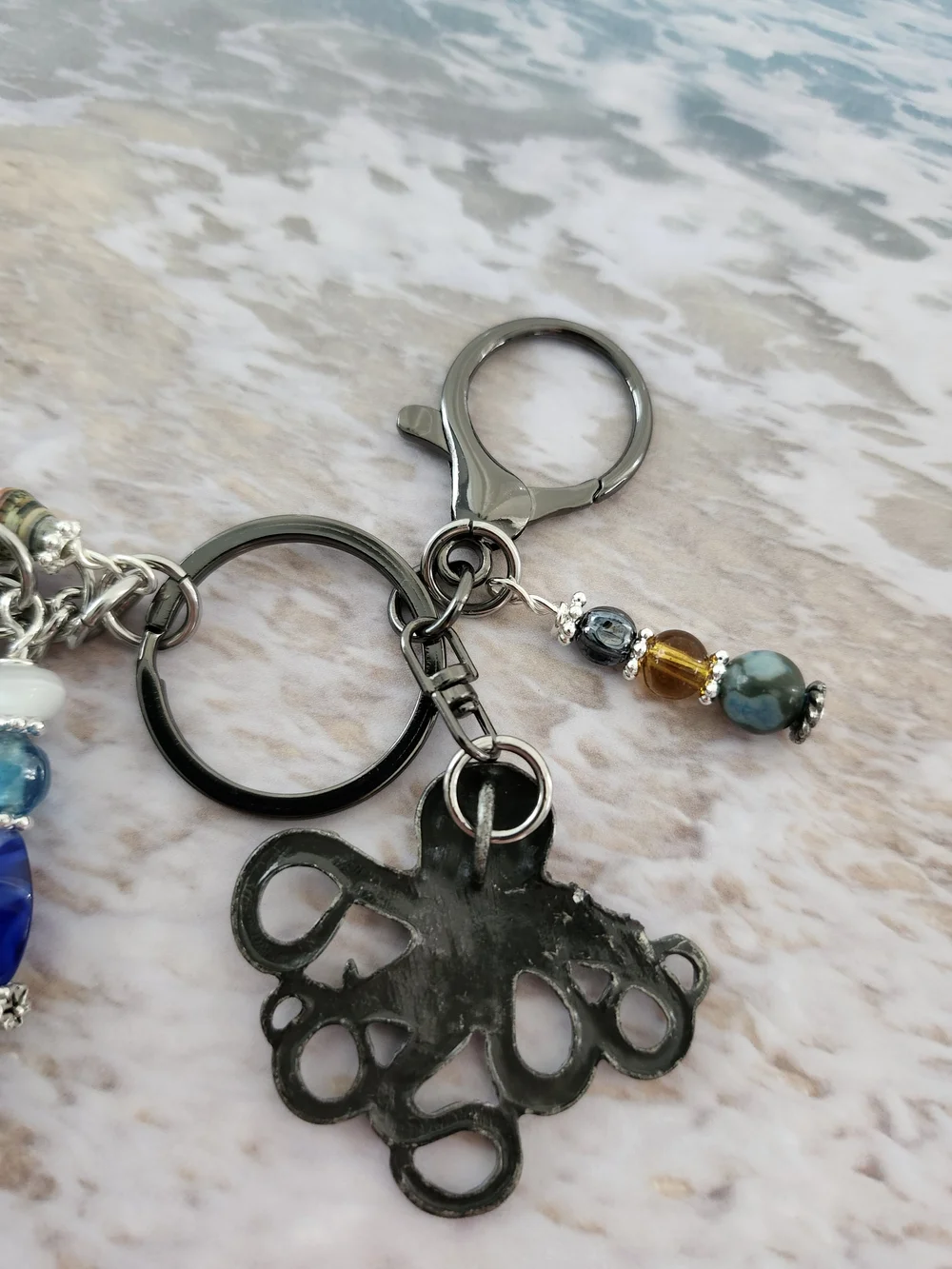 Octopus Purse Charm or Keychain Jasper Agate Aquamarine Handcrafted